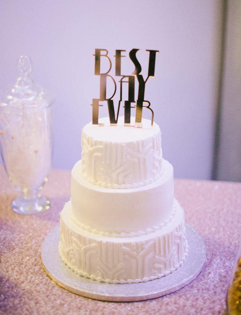 زفاف - Wedding Cake Topper Art Deco Great Gatsby Style "Best Day Ever" Gold Cake Topper - Gold Mirror Wedding Cake Topper (Item - BDG800)