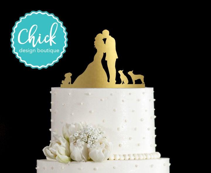 Wedding - Custom Couple Kissing with Your Choice of Multiple Dogs or Cats Wedding Cake Topper Hand Painted in Metallic Paint