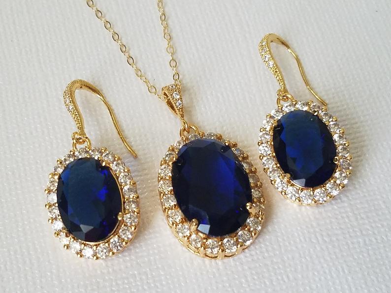 Wedding - Blue Oval Crystal Jewelry Set, Navy Blue Halo Jewelry Set, Dark Blue Wedding Earrings&Necklace Set, Sapphire Blue Jewelry, Bridal Party Gift