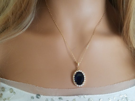 زفاف - Navy Blue Crystal Necklace, Dark Blue Halo Necklace, Sapphire Blue Gold Oval Pendant, Wedding Navy Jewelry, Bridal Jewelry Bridal Party Gift