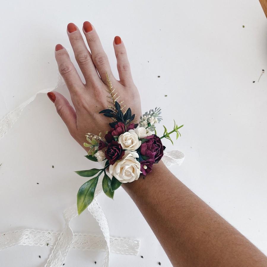 Wedding - Burgundy and ivory flower corsage, Floral wrist corsages, Maroon wrist corsages, Bridesmaids corsages,  Wedding bracelets,  Bridal bracelet