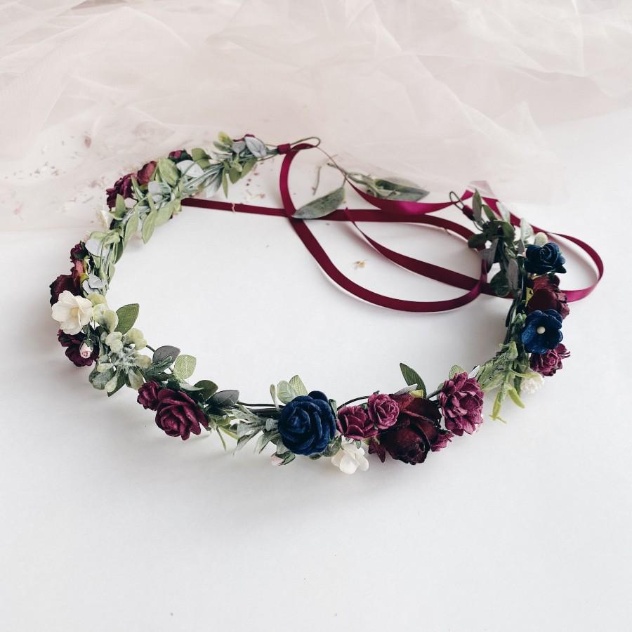 Mariage - Flower crown wedding, Burgundy and navy blue ivory crown, Navy and maroon floral headband, navy blue and burgundy flower crown