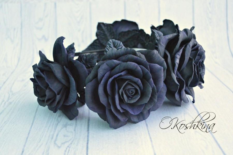 Wedding - Big Black Rose Flower Crown Floral Halloween Headband  Hippie Hairpiece, gothic floral crown
