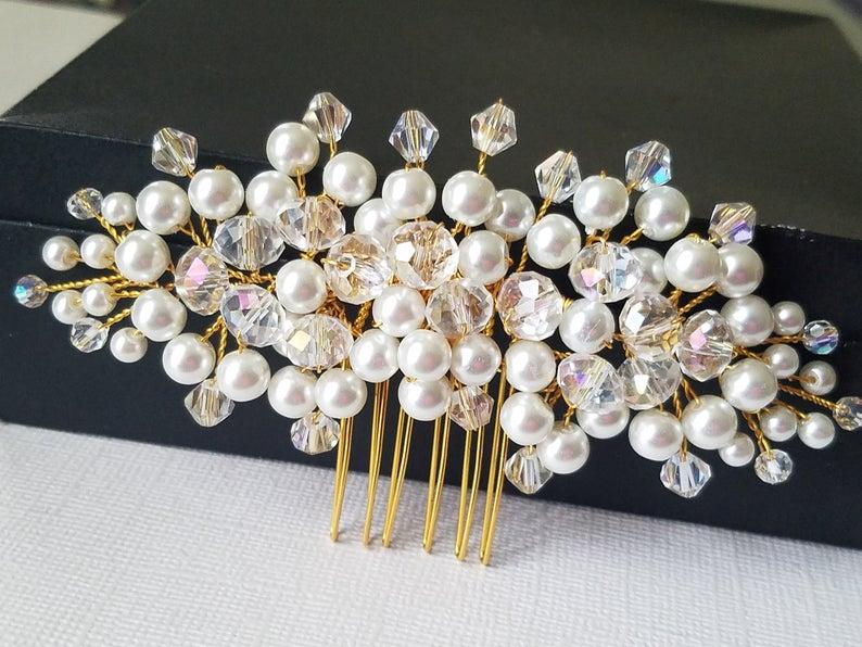 Mariage - Pearl Gold Wedding Hair Comb, White Pearl Crystal Bridal Headpiece, Wedding Floral Hair Piece, Pearl Crystal Hair Jewelry, Bridal Hairpiece