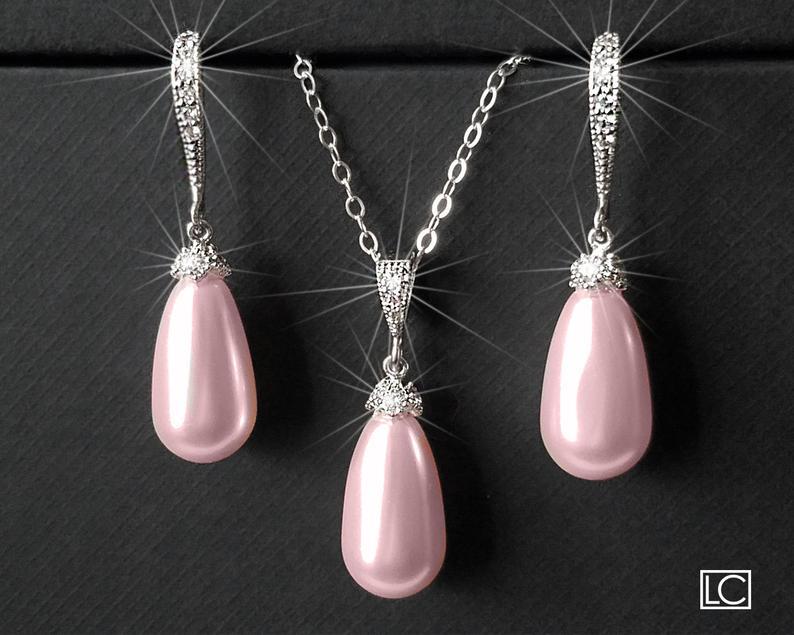 Mariage - Blush Pink Pearl Bridal Jewelry Set, Swarovski Rosaline Pearl Set, Pink Silver Earrings&Necklace Set, Bridal Pink Jewelry, Wedding Jewelry