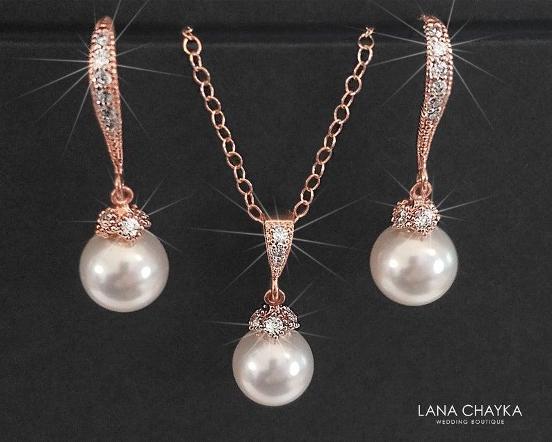 Mariage - Rose Gold Bridal Jewelry Set, White Pearl Necklace&Earrings Set, Swarovski 8mm Pearl Rose Gold Set Pearl Drop Bridal Set Wedding Jewelry Set