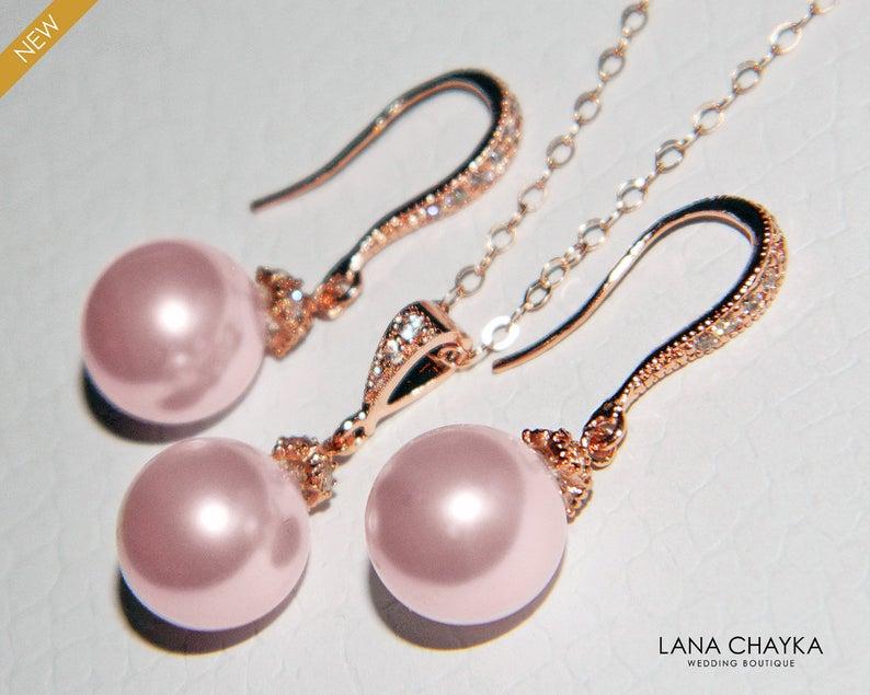 Hochzeit - Blush Pink Pearl Rose Gold Jewelry Set, Bridal Blush Pink Earrings&Necklace Set Swarovski 10mm Rosaline Set, Bridesmaid Pink Wedding Jewelry