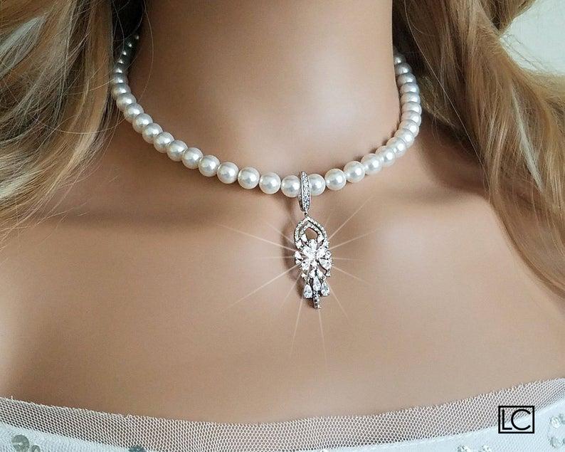 Hochzeit - Pearl Bridal Jewelry Set, White Pearl Choker Necklace&Earrings Set, Swarovski Pearl Bridal Set, Wedding Pearl Statement Set, Bridal Jewelry
