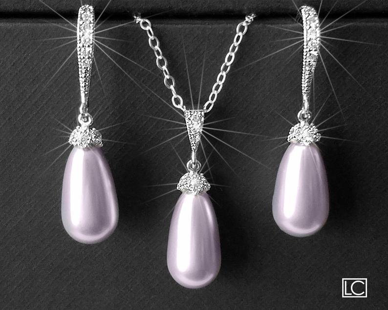زفاف - Lavender Pearl Jewelry Set, Swarovski Lavender Teardrop Pearl Set, Lilac Silver Earrings&Necklace Set, Wedding Lavender Jewelry, Bridal Set
