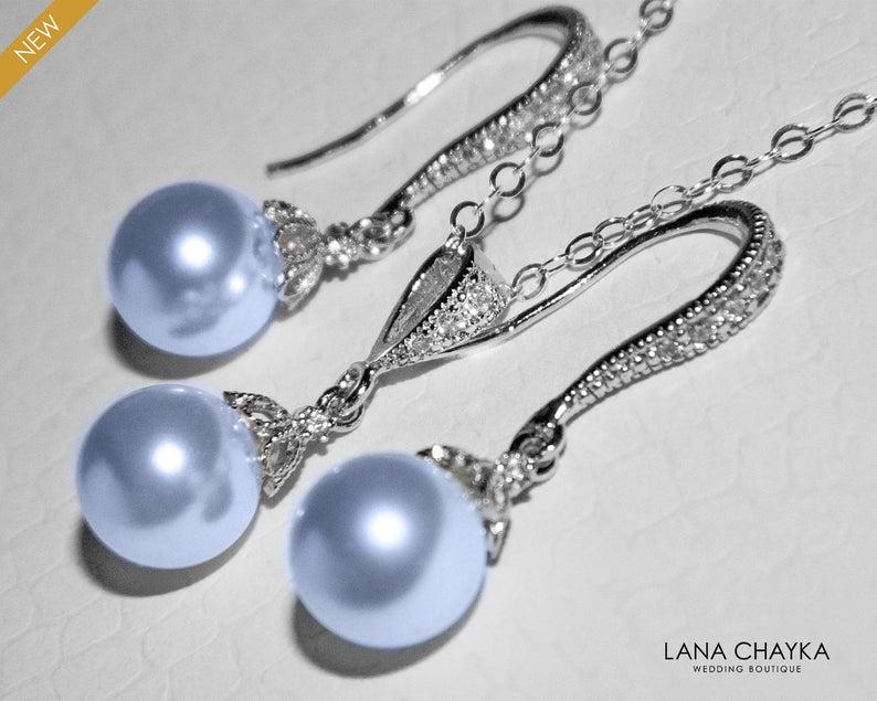 Hochzeit - Light Blue Pearl Jewelry Set, Swarovski 8mm Blue Pearl Earrings&Necklace Set, Wedding Blue Drop Pearl Bridal Set, Bridesmaids Jewelry, Prom