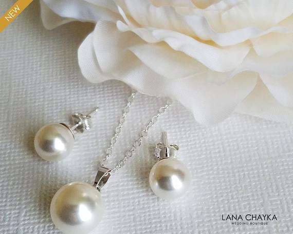Hochzeit - White Pearl Bridal Jewelry Set, Swarovski Pearl Earrings&Necklace Set, Classic Pearl Jewelry Set, Pearl Sterling Silver Jewelry, Prom Set