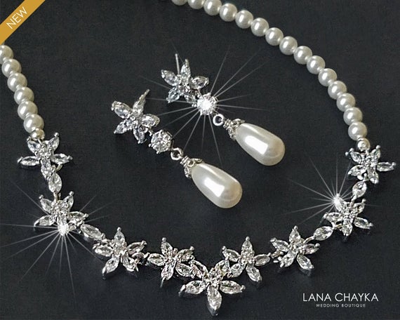 Wedding - Pearl Bridal Jewelry Set, White Pearl Silver CZ Set, Swarovski White Pearl Set, Wedding Jewelry, Bridal Jewelry, Dainty Pearl Jewelry Set