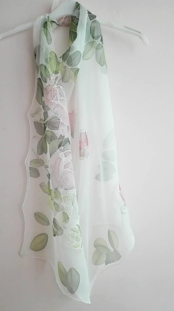 Wedding - Chiffon silk scarf, hand painted silk, Wedding accessory, Bridal scarf, white floral scarf, silk art - made TO ORDER