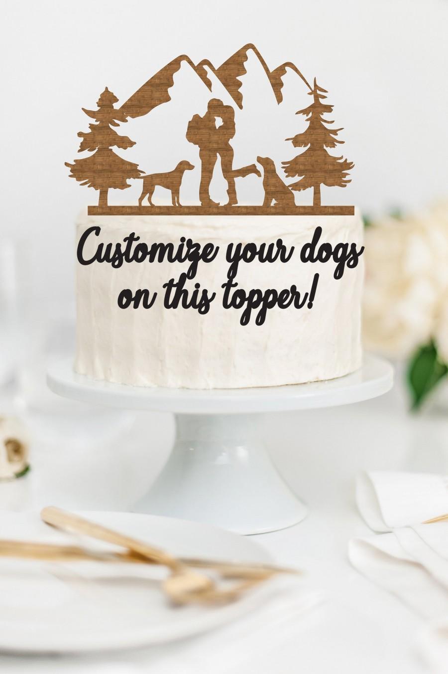 Hochzeit - HIKING COUPLE with CUSTOMIZABLE Dogs Wood Wedding Cake Topper / Backpacking outdoor bride groom cake topper / camping cake topper