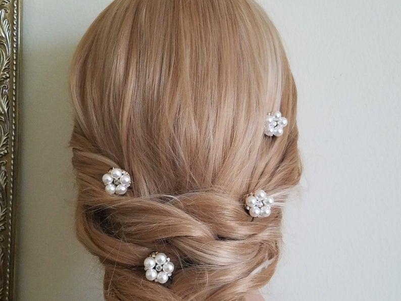 Hochzeit - Pearl Bridal Hair Pins, Set of 4 Pearl Pins, White Pearl Gold Flower Pins, Wedding Pearl Headpiece, Pearl Floral Hairpiece, Prom Hair Pins