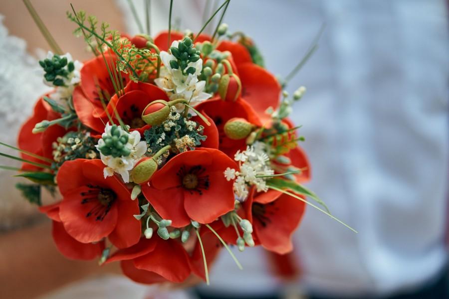 Wedding - Clay wedding bouquet and boutonniere set, Clay bouquet, Red poppy bouquet, Natural look bouquet