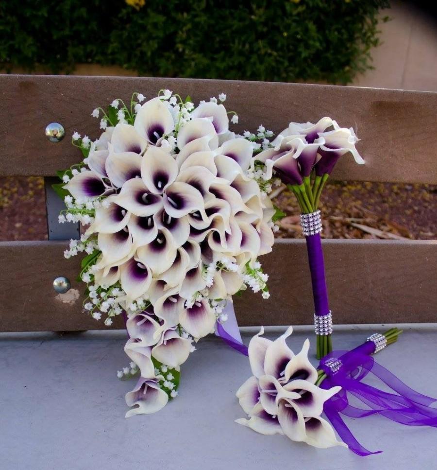 زفاف - Wedding Bouquet, Bridal Bouquet, Bridesmaid Bouquet, Soft Touch Calla Lillies Bouquet, Wedding Flower, Picasso Purple Calla Lillies
