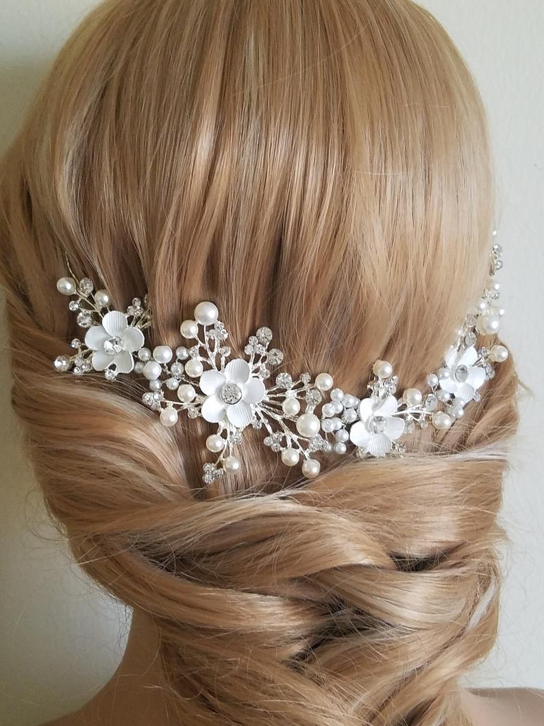زفاف - Pearl Crystal Bridal Hair Vine, Wedding Hair Wreath, Pearl Floral Headpiece, Bridal Hair Jewelry, White Pearl Crystal Hair Vine, Pearl Vine