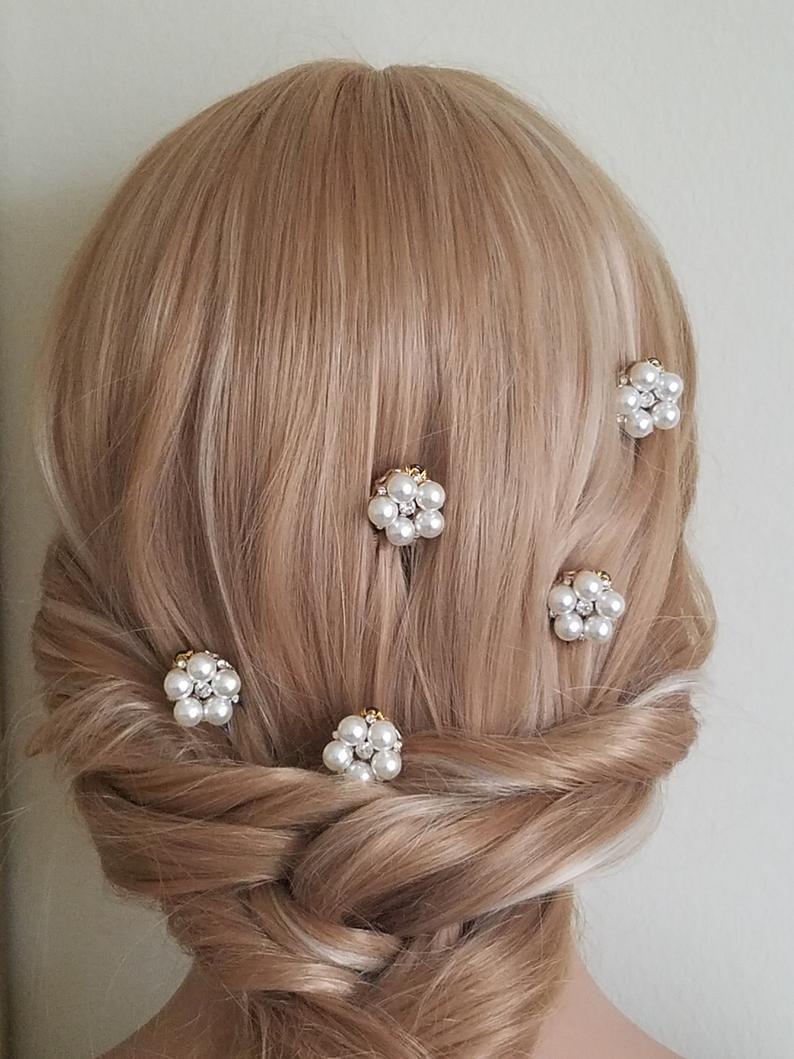 Hochzeit - Pearl Bridal Hair Pins, Set of 5 Pearl Pins, White Pearl Gold Flower Pins, Wedding Pearl Headpiece, Pearl Floral Hairpiece, Prom Hair Pins