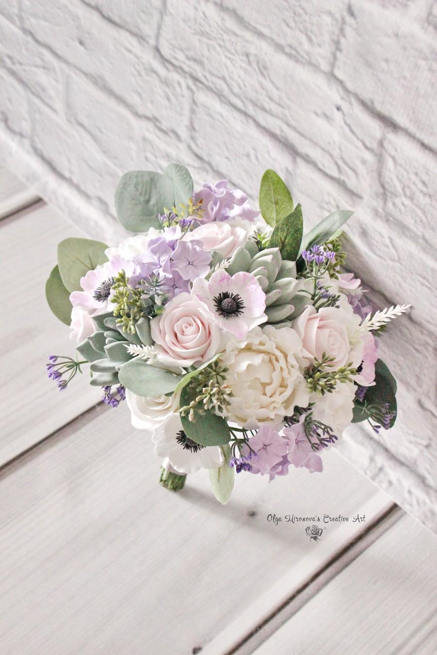 Mariage - Faux Bridal bouquet, Anemone bouquet, White peony bouquet, Succulent bouquet, Alternative bridal bouquet, Wedding package, Purple bouquet