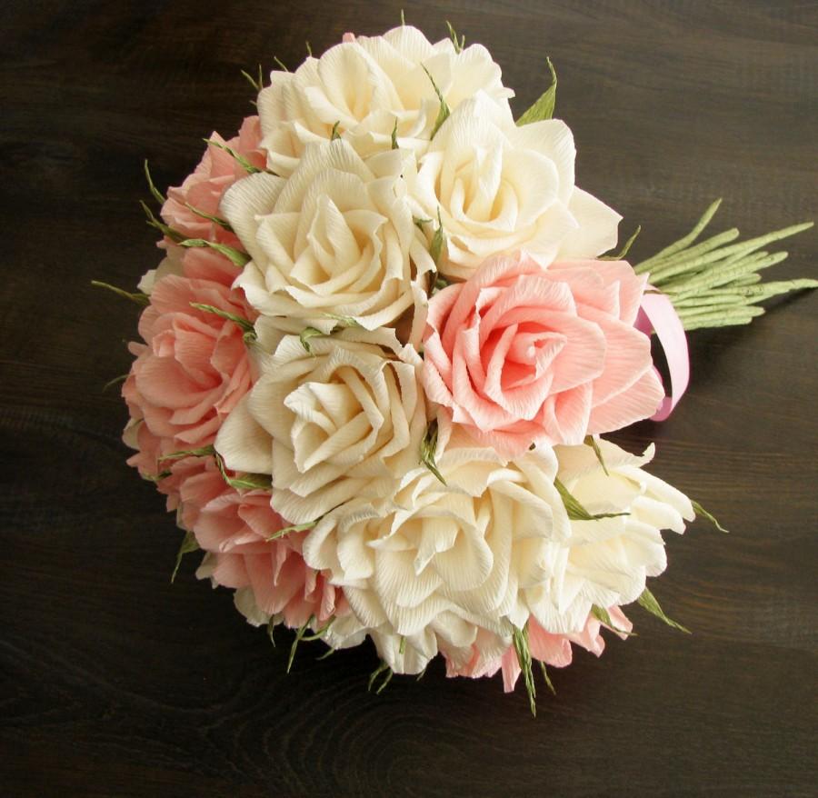 Hochzeit - Bridal crepe paper flowers bouquet/ Large luxury wedding bouqut/Ivory Pink roses/Handmade unique bouquet