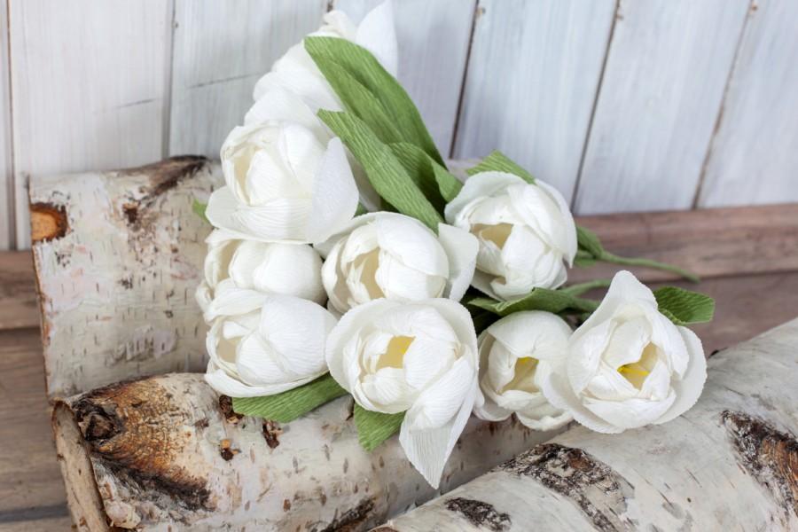 Hochzeit - White paper tulips, Crepe paper flower, Wedding white flower, Wedding bouquet, Anniversary gift idea, Bridal bouquet tulips, Handmade flower