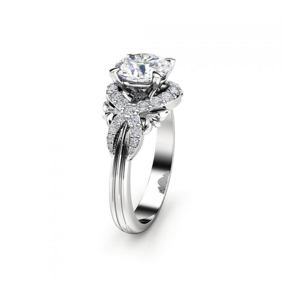 Hochzeit - Victorian Diamond Engagement Ring White Gold Lab Diamond Ring Unique Engagement Ring