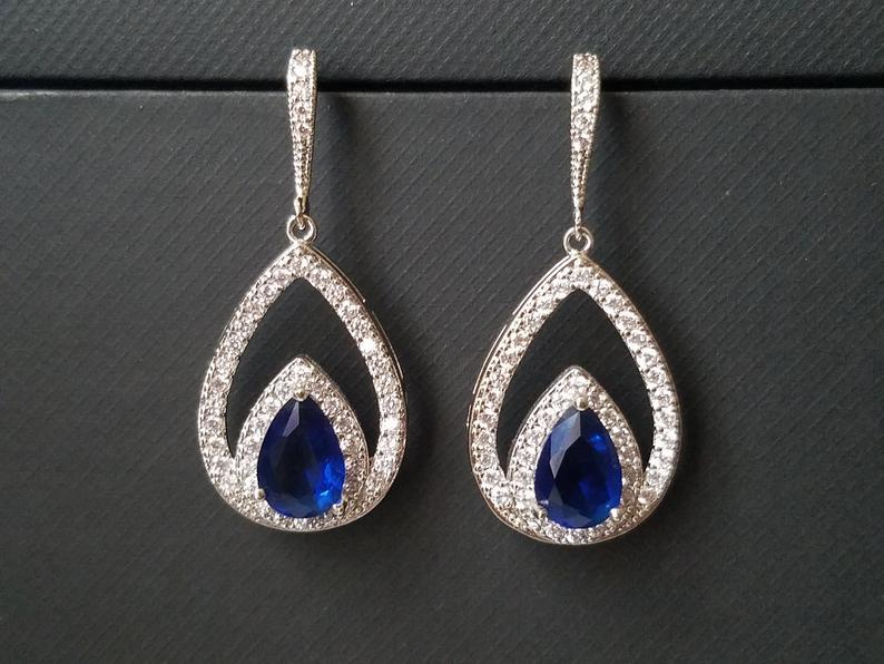 Hochzeit - Navy Blue Crystal Earrings, Blue Cubic Zirconia Wedding Earrings, Sapphire Teardrop Earrings, Statement Earrings, Royal Blue Bridal Earrings