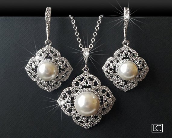 Wedding - Pearl Bridal Jewelry Set, White Pearl Silver Wedding Set, Filigree Pearl Jewelry Set, Pearl Earrings&Necklace Set, Bridal Pearl Jewelry