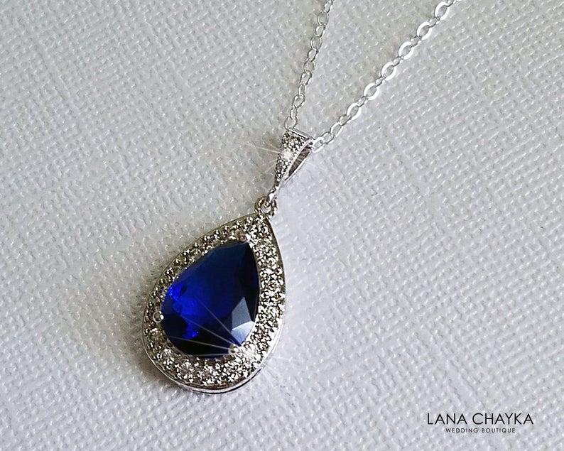 Mariage - Sapphire Teardrop Bridal Necklace, Navy Blue Silver Wedding Pendant, Royal Blue Necklace, Sapphire Halo Necklace, Navy Blue Bridal Jewelry