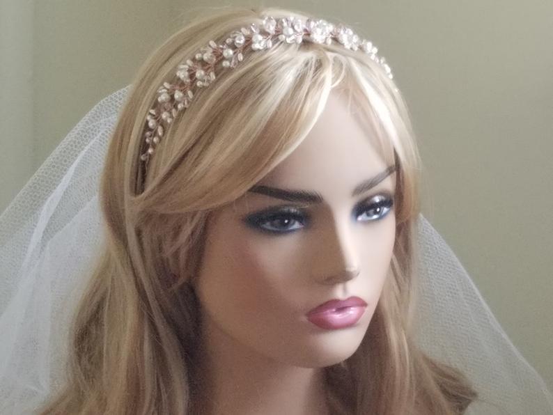 Wedding - Pearl Crystal Bridal Hair Vine, Rose Gold Wedding Hair Piece, White Pearl Headpiece, Bridal Hair Jewelry, Wedding Tiara, Pearl Hairpiece