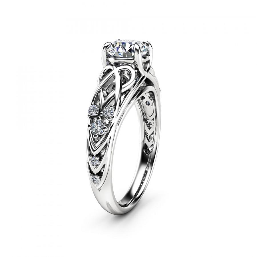 Hochzeit - Celtic Moissanite Engagement Ring 14K White Gold Moissanite Ring Filigree Engagement Ring