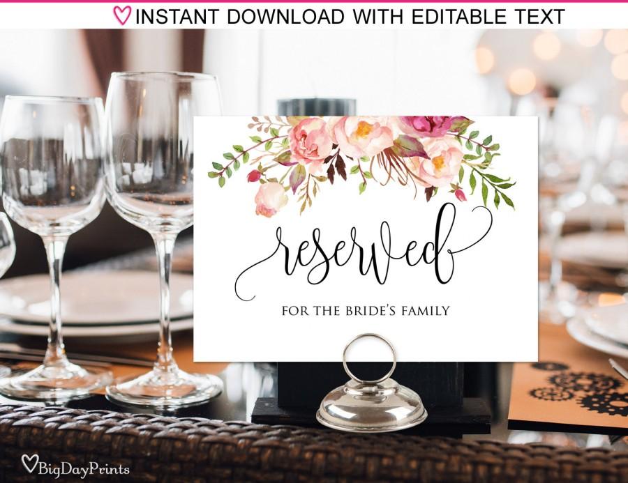 Wedding - Reserved Sign, Wedding Reserved Table Sign, Reserved Card, Printable Reserved Sign, #A049, INSTANT DOWNLOAD, Editable PDF