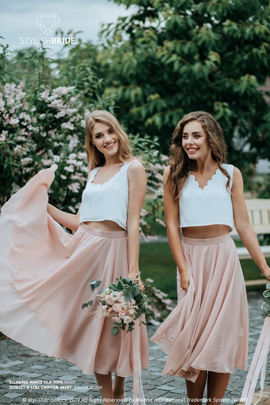 Hochzeit - Chiffon Knee/Tea Length "Sunset" Full Sun Flying A-line Bridesmaid Skirts and Waves Silk Tops available in Plus Sizes