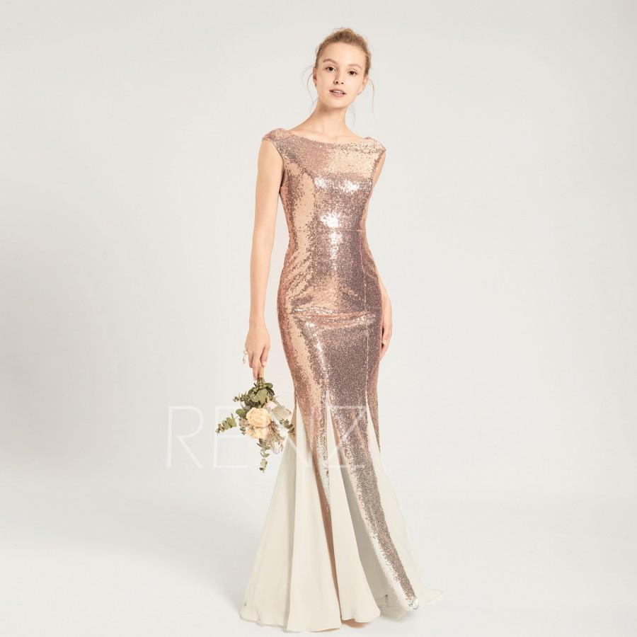 Hochzeit - Ombre Mermaid Dress Rose Gold Sequin Dress Cap Sleeve Party Dress Scoop Neck Bodycon Prom Dress Cream Chiffon Insert Bridesmaid Dress(HQ703)
