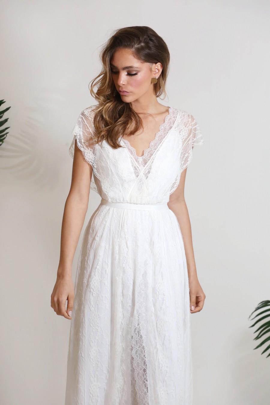 Wedding - Bohemian lace wedding dress, delicate lace wedding dress with slit, sleeves wedding dress, lace wedding dress with a train