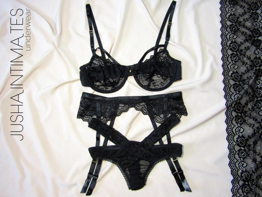 Mariage - Lingerie set garter Black suspender belt Sheer lingerie Black lingerie set Sexy lingerie See through lingerie Erotic lingerie Bra set