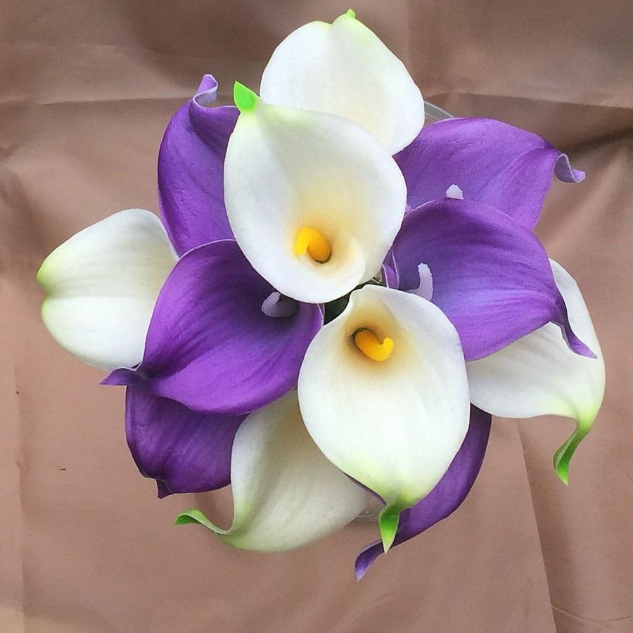 زفاف - Real Touch Calla Lily Bouquet- Purple and Ivory - Wedding Bridal Bouquet - Ready Made