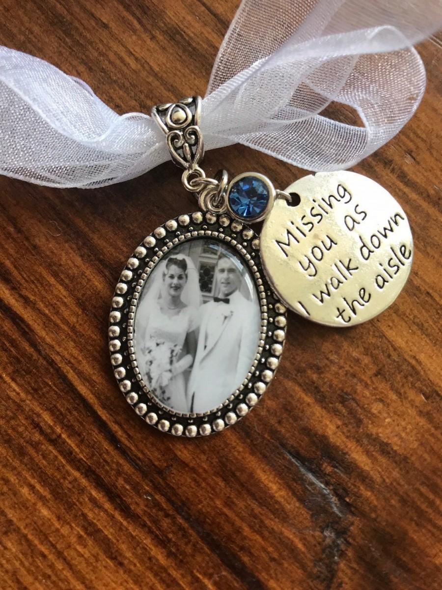 Mariage - Custom Wedding Something Blue photo Memory charm  to attach to bride bouquet Gift for wedding bridal shower - Remembering Loved ones