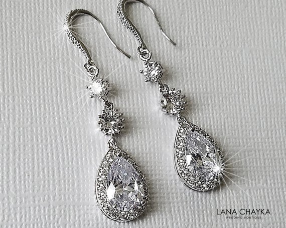 Wedding - Crystal Bridal Earrings, Wedding Halo Silver Earrings, Teardrop Chandelier Earrings, Statement Earrings, Bridal Jewelry, Dangle CZ Earrings