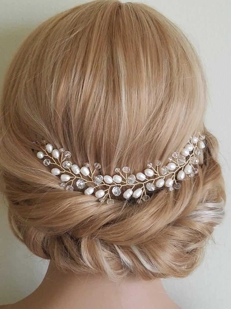 Wedding - Pearl Gold Bridal Hair Vine, Pearl Crystal Hair Piece, Wedding Crystal Pearl Wreath, Bridal Pearl Hair Jewelry, Bridal Freshwater Pearl Vine