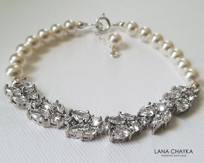Hochzeit - Pearl Bridal Bracelet, Wedding Bracelet, Swarovski White Pearl Silver Bracelet, Wedding Jewelry, Bridal Pearl Jewelry Pearl Crystal Bracelet