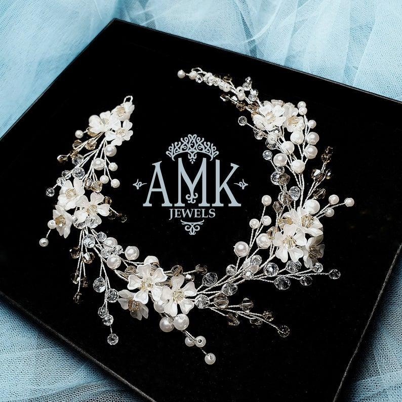 زفاف - Wedding Hair Vine, Floral Bridal Headpiece, Silver Bridal wreath, Wedding Flower Hairpiece, beige Hair Vine, Nude flower hair wreath