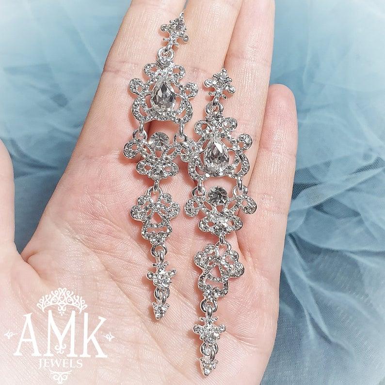 زفاف - Crystal bridal earrings, long dangle bridal earrings, Statement Wedding Earrings, chandellier Bridal Earrings, Bridal Jewelry,