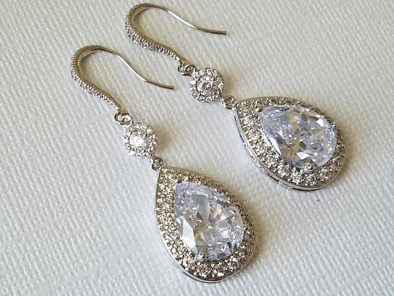 زفاف - Bridal Cubic Zirconia Earrings, Teardrop Crystal Wedding Earrings, Chandelier Dangle Earrings, Sparkly Crystal Halo Earrings Prom Jewelry
