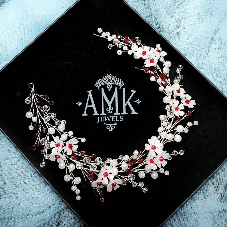 Mariage - Wedding Hair wreath, Silver Bridal Headpiece, red Bridal Headband, Wedding Flower Hairpiece, Crystal Hair Vine, red flower hair wreath