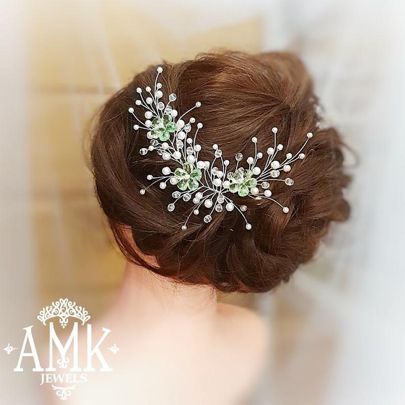 Hochzeit - Green flower hair accessory, Bridal hair wreath, wedding wreath, vine Bridal, Hair sprig, Hair Piece Bridesmaid, green bridal vine