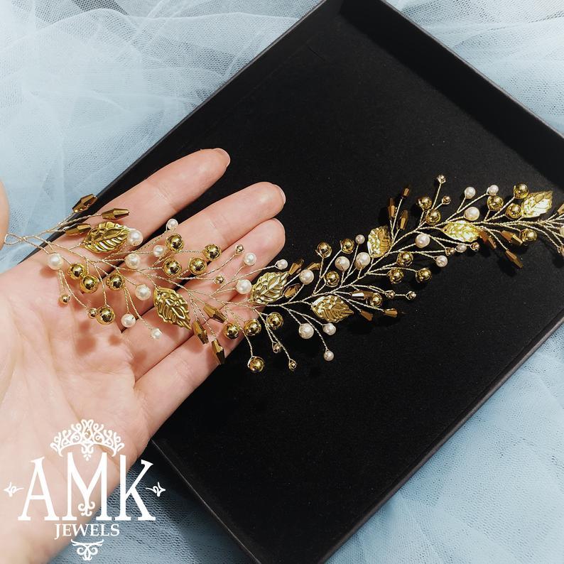 زفاف - Free shipping Golden ivory hair accessory for bride and bridesmaid, hair wreath for wedding, yellow or rose gold wreath, golden wreath