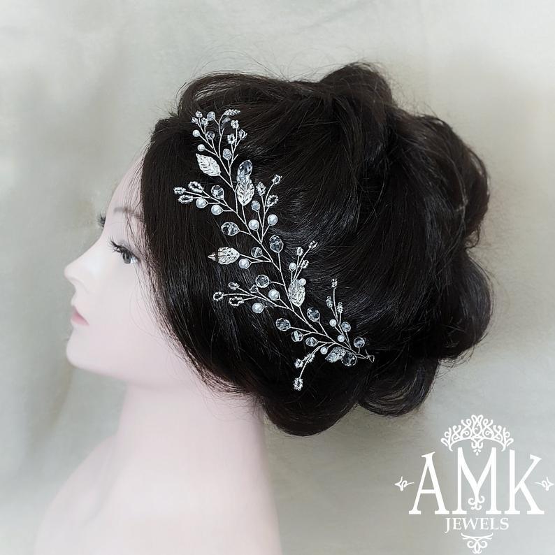 زفاف - Lovely silver hair piece, silver leaves for hair, Hair vine for bride, wedding hair accessory, bridal hairpiece, silver headpiece, hair vine