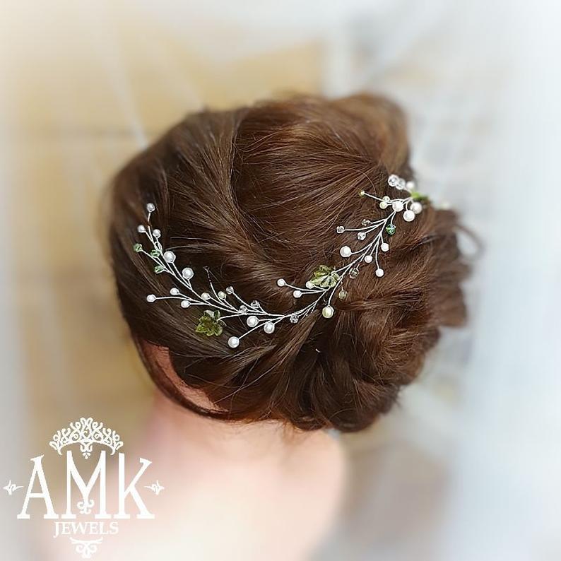 Свадьба - Free shipping silver green hair accessory for bride and bridesmaid, hair wreath for wedding, green and silver wreath, silver wreath